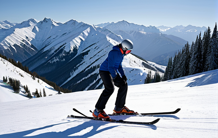 **

A skier practicing a balanced stance. Feet shoulder-width apart, knees slightly bent, leaning forward slightly. Arms are naturally forward, bent at the elbow for balance. Background shows a gentle snowy slope. Focus is on demonstrating proper posture.

**