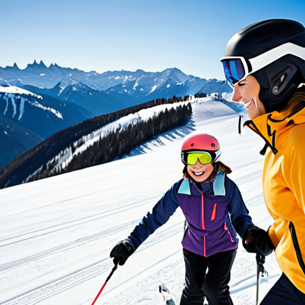 **

A dynamic ski lesson scene. A smiling instructor helps a student perfect their parallel turns on a sunny day. Focus on the student's improved form and the instructor's encouraging demeanor. Use a bright, cheerful color palette and show the beautiful mountain scenery in the background. Modern ski equipment is visible.

**