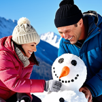 **

A joyful family is building a snowman together during a ski lesson. The instructor is watching with a smile. Snow-covered mountains and a bright blue sky in the background. Focus on capturing the warmth and family fun in a winter wonderland setting.

**