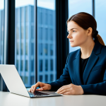 A professional woman in a modest business blazer and smart trousers, sitting attentively at a sleek, modern desk. She is looking at a laptop screen which displays abstract, glowing lines that symbolize new information and clarity. The background is a contemporary, softly lit office space with a blurred, inspiring view through a large window, suggesting a clear path ahead. fully clothed, appropriate attire, safe for work, perfect anatomy, correct proportions, natural pose, well-formed hands, proper finger count, natural body proportions, professional, modest, appropriate content, family-friendly, high quality, professional photography.