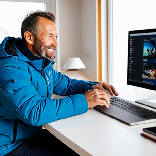 A professional male ski instructor, appearing in his mid-40s with a warm, knowledgeable expression, sitting at a modern desk in a well-lit home office. A laptop is open on the desk, displaying a screen with ski-related content, such as a training video or an online course platform. Subtle ski equipment like a helmet or goggles are visible on a shelf in the background. He is wearing a smart, modest casual jacket over a professional shirt, fully clothed, appropriate attire, professional dress. The scene is captured with professional photography, high detail, sharp focus, and vibrant colors, ensuring perfect anatomy, correct proportions, natural pose, well-formed hands, proper finger count, and natural body proportions. This image is safe for work, appropriate content, and family-friendly.
