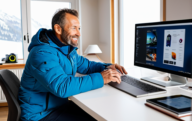A professional male ski instructor, appearing in his mid-40s with a warm, knowledgeable expression, sitting at a modern desk in a well-lit home office. A laptop is open on the desk, displaying a screen with ski-related content, such as a training video or an online course platform. Subtle ski equipment like a helmet or goggles are visible on a shelf in the background. He is wearing a smart, modest casual jacket over a professional shirt, fully clothed, appropriate attire, professional dress. The scene is captured with professional photography, high detail, sharp focus, and vibrant colors, ensuring perfect anatomy, correct proportions, natural pose, well-formed hands, proper finger count, and natural body proportions. This image is safe for work, appropriate content, and family-friendly.