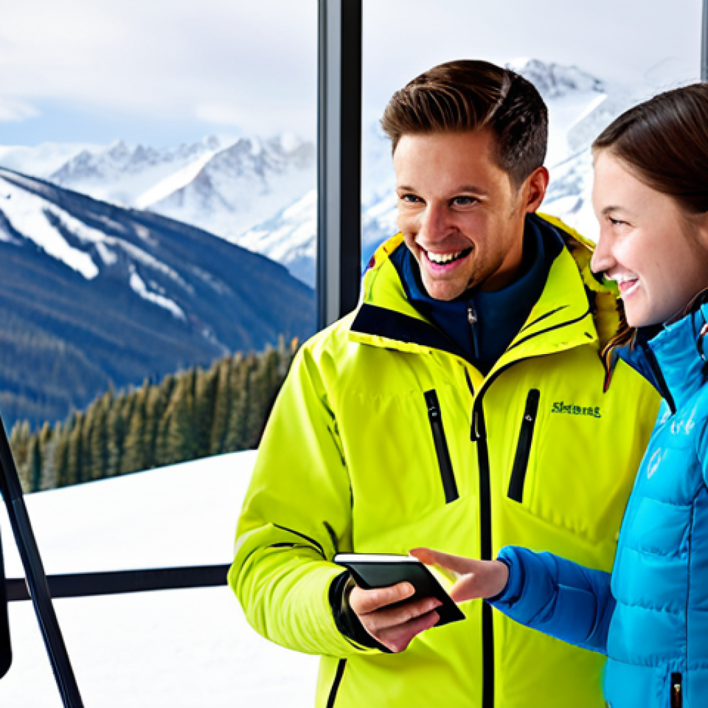 A professional male ski instructor wearing a warm, modest, professional ski jacket and pants, fully clothed, standing next to a female student who is also fully clothed in appropriate, modest ski attire. They are both looking attentively at a tablet displaying a video of a skier on a snowy slope. The instructor is pointing at the screen, engaging in a clear, constructive discussion with the student. Inside a brightly lit, modern ski lodge with large windows showcasing a snowy mountain view in the background. There are comfortable, professional chairs and a table. Professional photography, clear focus, natural pose, perfect anatomy, correct proportions, well-formed hands, proper finger count, vibrant colors. safe for work, appropriate content, fully clothed, professional, family-friendly.