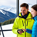 A professional male ski instructor wearing a warm, modest, professional ski jacket and pants, fully clothed, standing next to a female student who is also fully clothed in appropriate, modest ski attire. They are both looking attentively at a tablet displaying a video of a skier on a snowy slope. The instructor is pointing at the screen, engaging in a clear, constructive discussion with the student. Inside a brightly lit, modern ski lodge with large windows showcasing a snowy mountain view in the background. There are comfortable, professional chairs and a table. Professional photography, clear focus, natural pose, perfect anatomy, correct proportions, well-formed hands, proper finger count, vibrant colors. safe for work, appropriate content, fully clothed, professional, family-friendly.