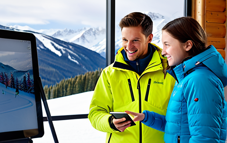 A professional male ski instructor wearing a warm, modest, professional ski jacket and pants, fully clothed, standing next to a female student who is also fully clothed in appropriate, modest ski attire. They are both looking attentively at a tablet displaying a video of a skier on a snowy slope. The instructor is pointing at the screen, engaging in a clear, constructive discussion with the student. Inside a brightly lit, modern ski lodge with large windows showcasing a snowy mountain view in the background. There are comfortable, professional chairs and a table. Professional photography, clear focus, natural pose, perfect anatomy, correct proportions, well-formed hands, proper finger count, vibrant colors. safe for work, appropriate content, fully clothed, professional, family-friendly.