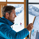 A professional male ski instructor in a modest, warm ski uniform, standing in a modern ski school office. He is attentively viewing a transparent holographic display that shows intricate data visualizations of ski student progress and performance analytics, including charts and graphs. A blurred, snowy mountain landscape is visible through a large window in the background. The atmosphere is calm and focused. professional photography, high quality, perfect anatomy, correct proportions, natural pose, well-formed hands, proper finger count, natural body proportions, safe for work, appropriate content, fully clothed, professional dress.