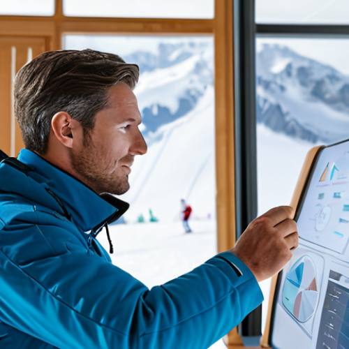 A professional male ski instructor in a modest, warm ski uniform, standing in a modern ski school office. He is attentively viewing a transparent holographic display that shows intricate data visualizations of ski student progress and performance analytics, including charts and graphs. A blurred, snowy mountain landscape is visible through a large window in the background. The atmosphere is calm and focused. professional photography, high quality, perfect anatomy, correct proportions, natural pose, well-formed hands, proper finger count, natural body proportions, safe for work, appropriate content, fully clothed, professional dress.