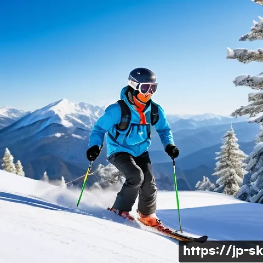 스키 강사의 교육 방법 실험 사례 - A beginner Japanese skier, wearing warm, colorful ski clothing and a helmet, practicing slow descent...