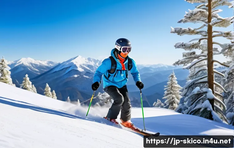 스키 강사의 교육 방법 실험 사례 - A beginner Japanese skier, wearing warm, colorful ski clothing and a helmet, practicing slow descent...