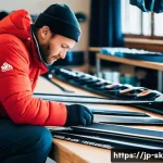 스키 강사의 동계 시즌 준비 - A professional ski instructor meticulously inspecting ski equipment before the season starts, focusi...