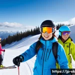 스키 강사의 효과적인 티칭 스타일 - A detailed scene of a Japanese ski instructor giving a lesson to a group of diverse skiers on a snow...