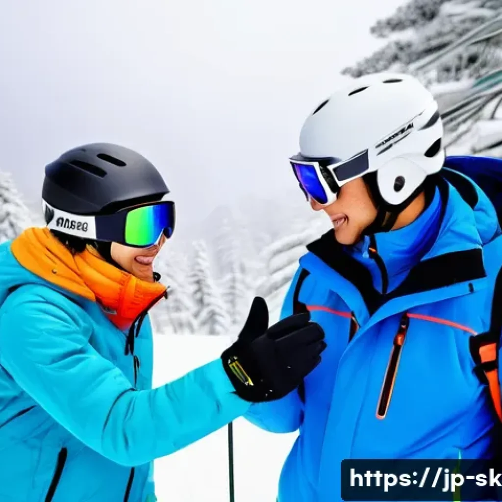 스키 강사의 고객 맞춤형 서비스 개발 - A friendly ski instructor gently guiding a beginner skier on a snowy slope at a Japanese ski resort,...