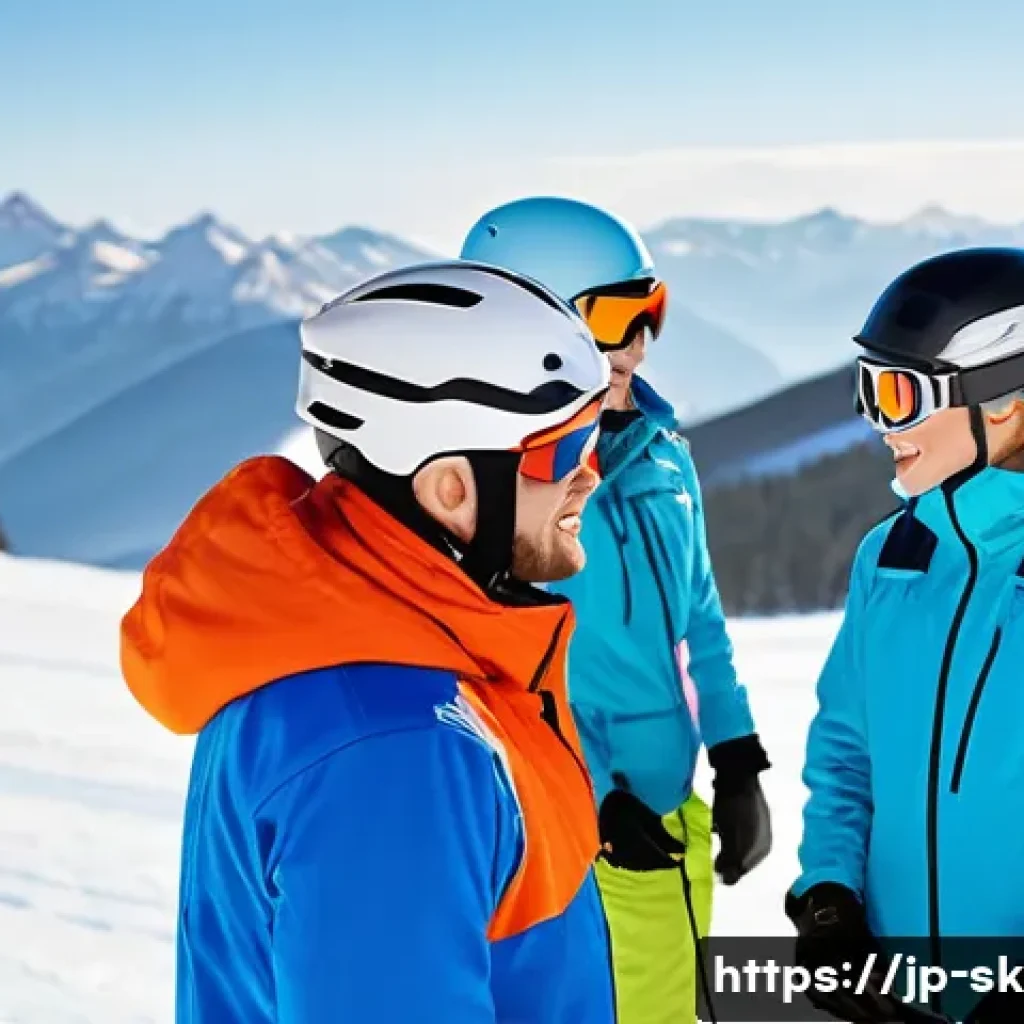 스키 강사의 고객 만족도 관리 - A warm and approachable ski instructor speaking gently to a group of beginner skiers on a snowy slop...