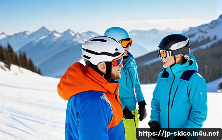 스키 강사의 고객 만족도 관리 - A warm and approachable ski instructor speaking gently to a group of beginner skiers on a snowy slop...