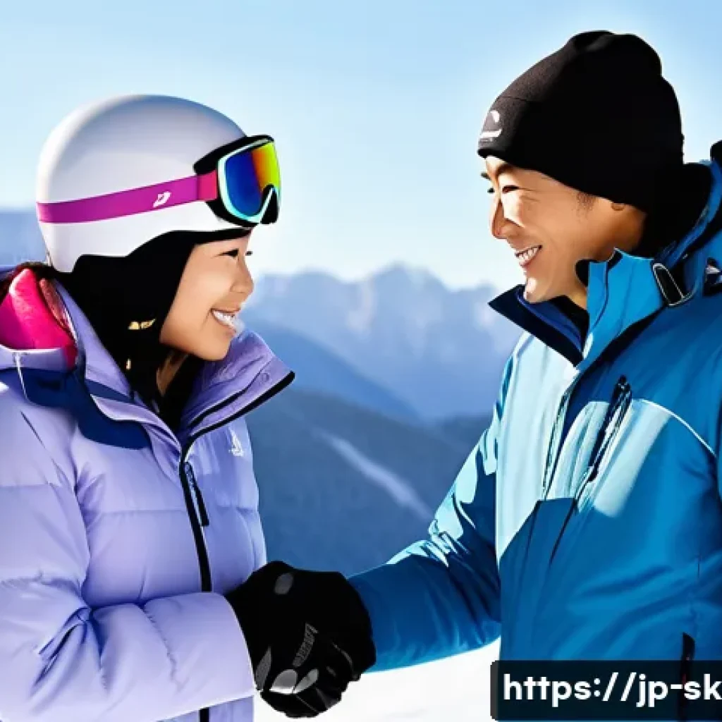 스키 강사의 장기 고객 관계 유지 비결 - A warm and approachable Japanese ski instructor gently explaining skiing techniques to a nervous beg...