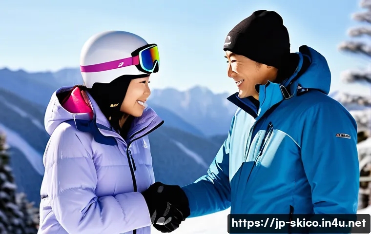 스키 강사의 장기 고객 관계 유지 비결 - A warm and approachable Japanese ski instructor gently explaining skiing techniques to a nervous beg...