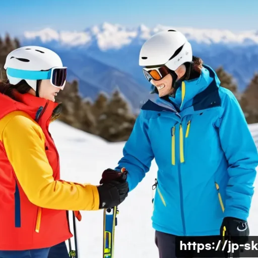 스키 강사의 명성 관리 전략 - A friendly and approachable ski instructor gently guiding a beginner skier on a snowy mountain slope...