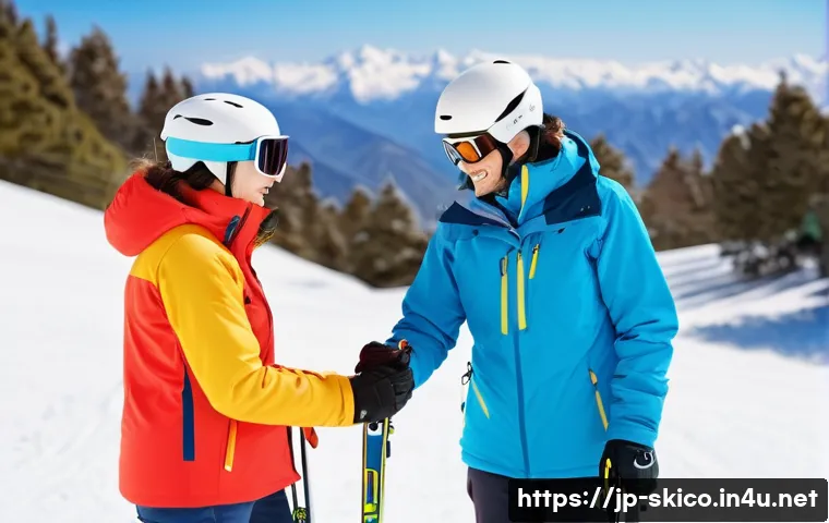 스키 강사의 명성 관리 전략 - A friendly and approachable ski instructor gently guiding a beginner skier on a snowy mountain slope...