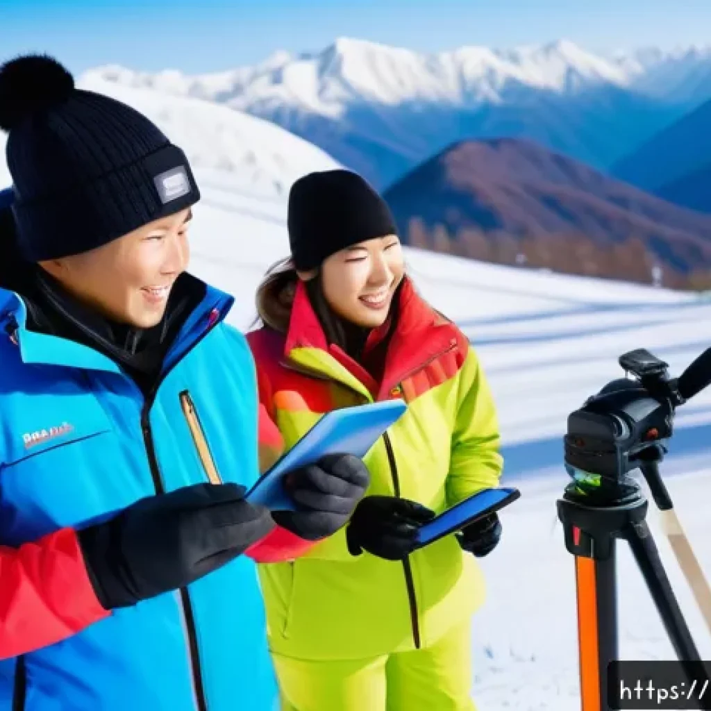 스키 강사의 직업적 자부심 키우는 법 - A professional ski instructor reviewing video footage of a lesson with a colleague outdoors at a sno...