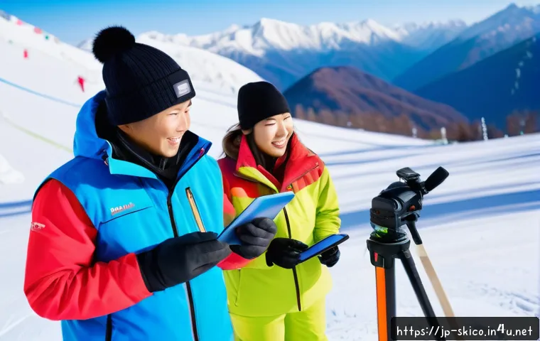 스키 강사의 직업적 자부심 키우는 법 - A professional ski instructor reviewing video footage of a lesson with a colleague outdoors at a sno...