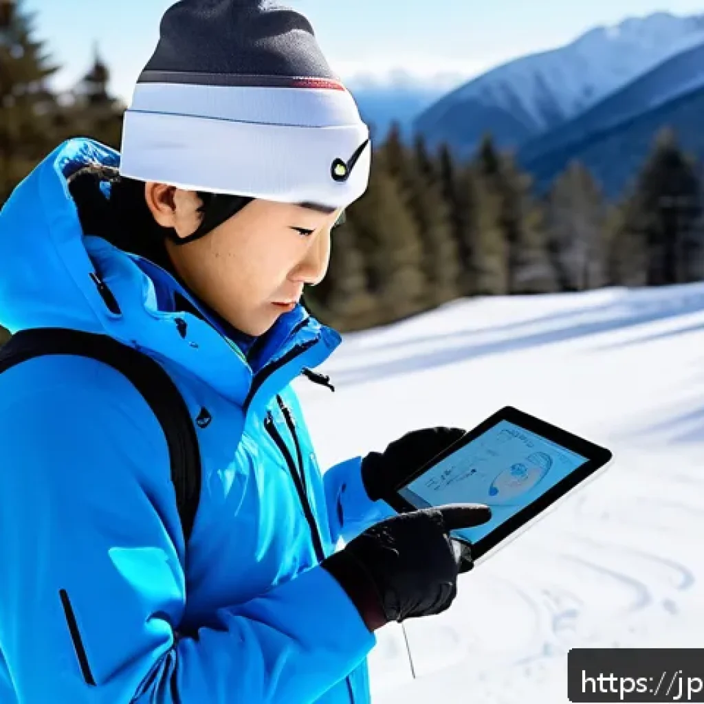 스키 강사의 연수 및 재교육 과정 - A detailed scene of a young Japanese ski instructor analyzing biomechanics data on a tablet outdoors...