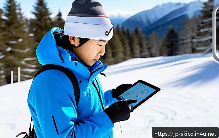 스키 강사의 연수 및 재교육 과정 - A detailed scene of a young Japanese ski instructor analyzing biomechanics data on a tablet outdoors...