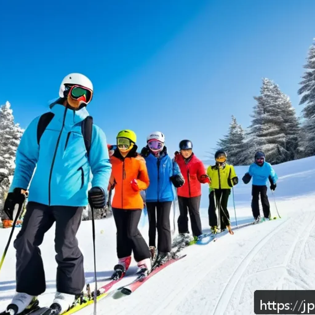 스키 강사로서의 학습 모임 운영 - A professional ski instructor leading a diverse group of adult learners on a snowy mountain slope du...
