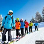 스키 강사로서의 학습 모임 운영 - A professional ski instructor leading a diverse group of adult learners on a snowy mountain slope du...