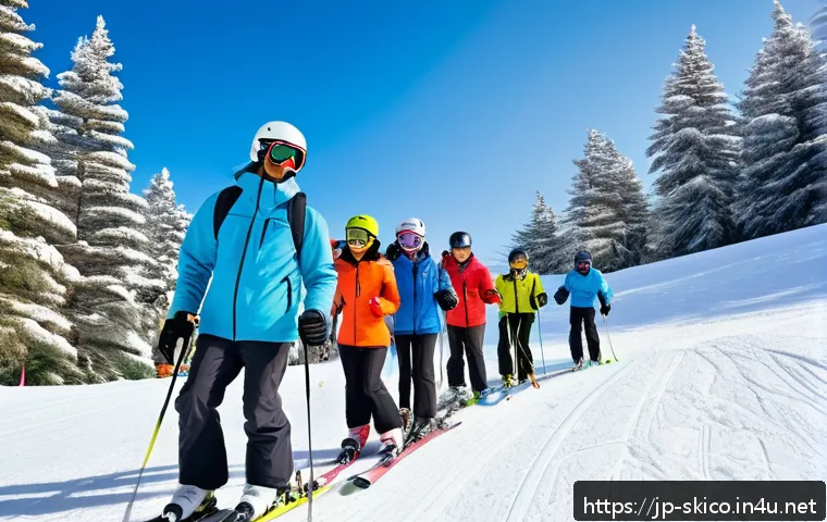 스키 강사로서의 학습 모임 운영 - A professional ski instructor leading a diverse group of adult learners on a snowy mountain slope du...