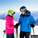 스키 강사와 클라이언트 관계 구축 - A friendly ski instructor and a beginner skier having a lesson on a snowy mountain slope, the instru...