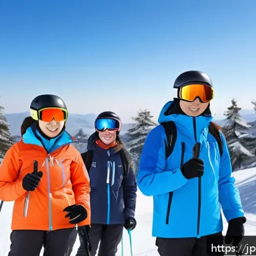 스키 강사의 자격증 취득 플랜 - A professional Japanese ski instructor teaching a diverse group of adult beginners on a snowy mounta...