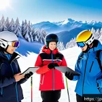 스키 강사의 트렌드 분석과 활용 - A ski instructor attentively coaching a diverse group of students on a snowy mountain slope, featuri...