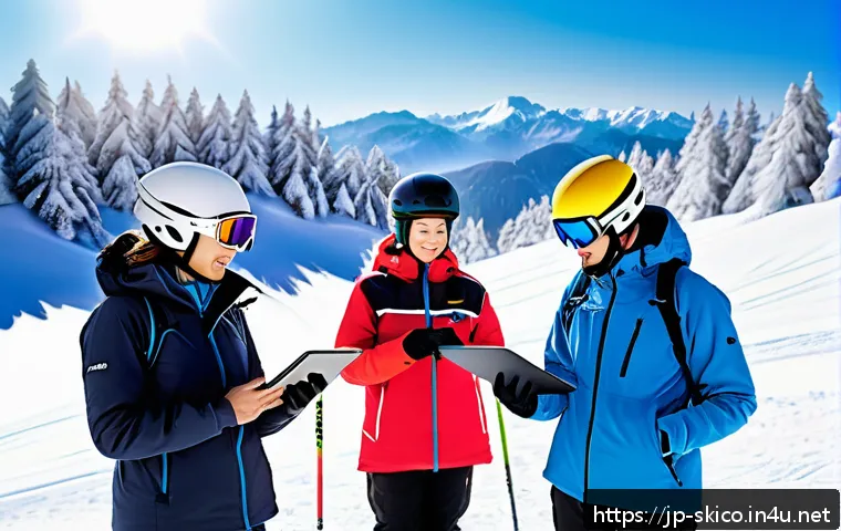 스키 강사의 트렌드 분석과 활용 - A ski instructor attentively coaching a diverse group of students on a snowy mountain slope, featuri...