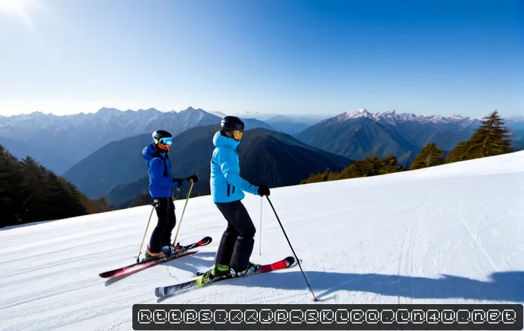 스키 강사의 멀티태스킹 기술 - Photorealistic ski instructor on a bright Japanese mountain slope, confidently demonstrating a paral...