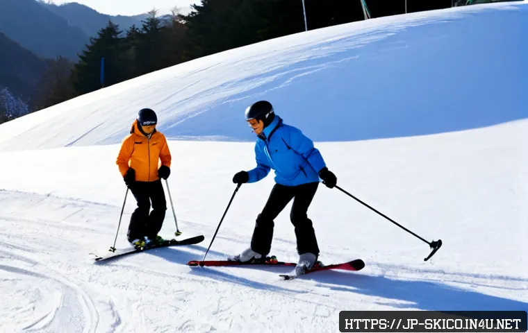 스키 강사의 교육 방법 차별화 전략 - Photorealistic winter ski lesson on a quiet Japanese mountain slope, experienced ski instructor in a...
